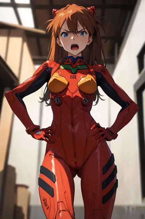 asuka, blue eyes, orange hair,cowboy shot, red bodysuits,plugsuits, hand on hip, from below,
(best quality, masterpiece, RAW photo,ultra-detailed:1.2), 1girl,solo,looking at viewer,angry,indoor,nsfw,open mouth,