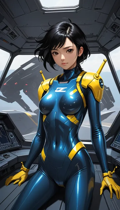 1 Girl、Medium Bust、solo、Black Hair、Braid、Mobile Race Suit、Shoulder Armor、ceiling、Wide Shot、Looking Ahead、Arms crossed、Closed Mouth、Highest quality、medium quality、22 years old、Mobile Trace System、cockpit、Asian、