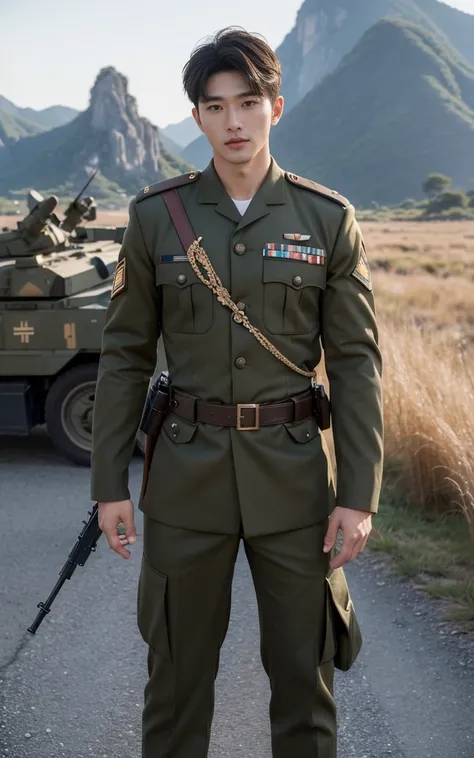 Ultra HD resolution，High-resolution details，1 handsome Korean man，20-year-old handsome soldier，Resolute Soldier,  majestic，Handsome Korean muscular man，Broad shoulders and narrow waist，Handsome man in military uniform，Shapewear fabric contours the bust，In，...