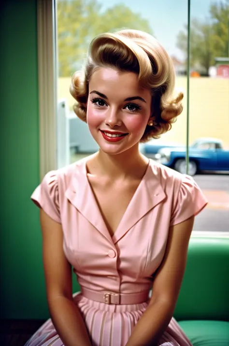 Portrait of a beautiful young housewife, smile, Wearing a pastel pink dress, The photo was taken with an analog camera in the 1950s. Person wearing traditional 50s style clothes々, Person with traditional 50s haircut, Photo by William Eggleston, Appearance ...