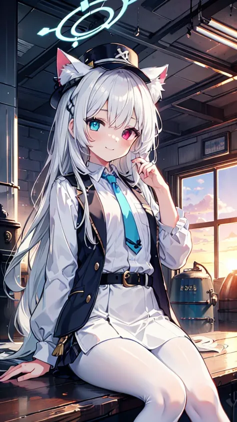 White pantyhose，White hair，Smile，Long hair，Cat ear，Heterochromia（Left blue right yellow），Female face，There are bright spots in the eyes，flat chest，blue halo，Alone，Inside the boiler room，Sunset，Steampunk，hat，Dark gray vest，belt