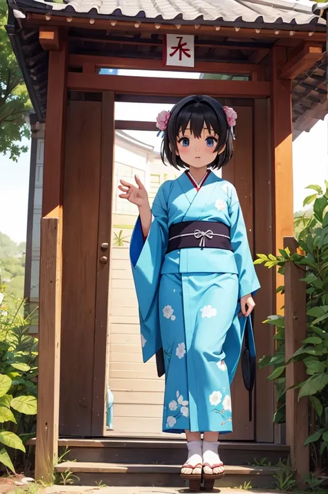 Girls under 8 years old, Height under 100, kimono, Small breasts, Patterned cotton panties, Fabric Real, Black Hair, kimono, Old shrine