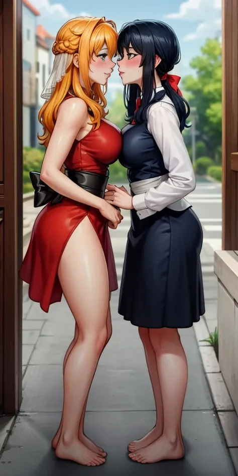 Body position: Standing, straight, symmetrical, barefoot, Lustful smile on face with red blush, 2 girls who gets married and stands in front of many people, kissing