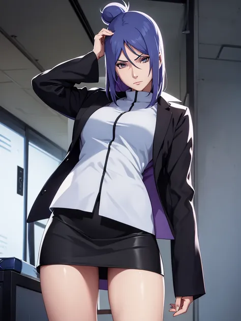 Konan from Naruto, 1girl, as an office lady, wearing a office suit, black colour tight skirt, at an office, 8k, high detailed, high quality