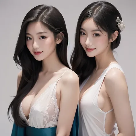 Medium shot, simple plain background, 2 girls, a medium shot of 2 buxom Japanese geisha, wearing low cut sheer robe, sleeveless, seductive smile, medium breasts 