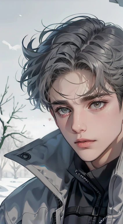 masterpiece, best quality, realistic, 1man, mature male, quiet and charming  man, 35 years old, close his eyes, serious, closed mouth, extremely detailed face, cold, ((dark grey blue eyes)), ((short-right-swept dark grey hair)), [thick eyebrows], ((hunter)...