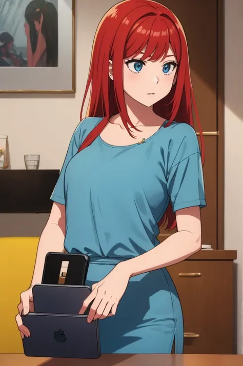 make redhaired girl at home, shes holding a smartphone