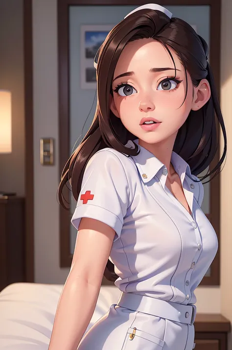 phothorealistic image of (a woman:1.1) A girl in a nurse uniform (from behind) (Best Quality,4k,8k,high resolution,Masterpiece:1.2), (realist,photorealist,photo-realist:1.37), ultra detailed, (professional:1.1) que incluande (a beautiful face) with (Extrem...