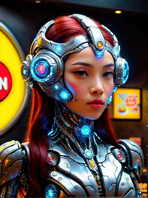 Best quality，8K，high resolution，masterpiece，Ultra Detailed，lifelike，Photorealism，future world，(Vision:1.5)，(A luxurious fast food restaurant on the moon:1.2), (Cyborg female employee:1.5)，(apron)，(Fast food restaurant staff uniforms:1.3)，Transparent Mecha，...