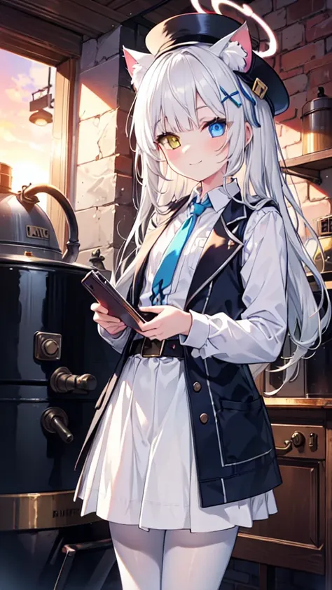 White pantyhose，White hair，Smile，Long hair，Cat ear，Heterochromia（Left blue right yellow），Female face，There are bright spots in the eyes，flat chest，blue halo，Alone，Inside the boiler room，Sunset，Steampunk，hat，Dark gray vest，belt