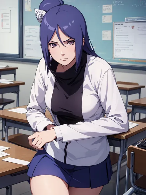 Konan from Naruto, 1girl, as a highschool girl, wearing  with white shirt and blue skirt, at a classroom , 8k, high detailed, high quality