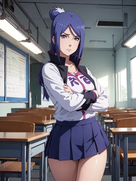 Konan from Naruto, 1girl, as a highschool girl, wearing  with white shirt and blue skirt, at a classroom , 8k, high detailed, high quality