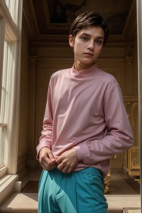 A cute male twink with a make-up face and black hair, wearing a long-sleeved pink shirt and aqua blue pants. He is in the royal palace and appears from the top of the window.