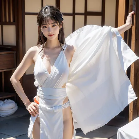 日本people、１people、The most beautiful woman、smile、Shyness、clear、Shiny black hair、((Standing with legs wide open))、Photo Style、length, bangs、light makeup、Standard face、(((Wearing a white Etchu loincloth)))、((Light clothing:0.5))、(She is hiding her breasts by ...