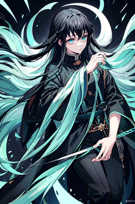 highest quality、highest quality、Super detailed、perfect face、very detailed、perfect human body、very delicate and detailed、1 boy、long black hair、hair is down to the waist、The ends of the hair are mint green、light blue eyes、Wearing a big black hoodie、black pan...