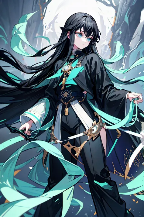 highest quality、highest quality、Super detailed、perfect face、very detailed、perfect human body、very delicate and detailed、1 boy、long black hair、hair is down to the waist、The ends of the hair are mint green、light blue eyes、Wearing a big black hoodie、black pan...