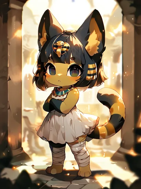 score_9, score_8_up, score_7_up, source_furry, 1girl, solo, full body, standing, crossed_arms, spread_legs, looking_at_viewer, ankha_(animal_crossing), (chibi:0.6), sandstone floor, sandstone wall, egyptian tomb, interior, minidress, dress blowing in the w...