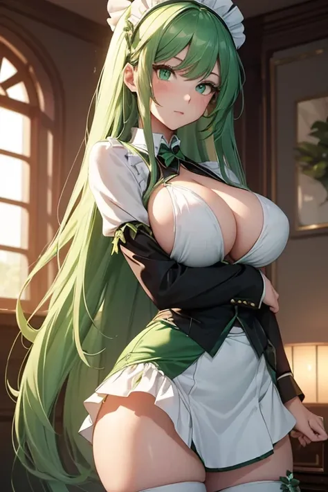 Colors, Ultra HD anime lighting, An 18 year old woman, In anime, (her body is hot: 1.5), (pretty face), (mature sexual body), (long green hair and green eyes), (skin white), (giant breasts), (big ass), wearing, maid outfit with super mega cut and sensual s...