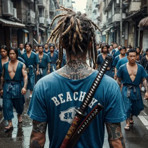 close up picture, Yakuza with tied dreadlocks, tattoo on the left side of his neck, wearing a blue beach t-shirt, holding a katana, leading dozens of his men to prepare for battle, they walk through a narrow street on the edge of the city, you can see lots...