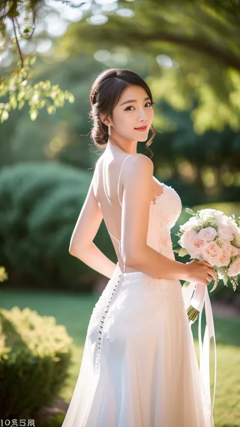 ((Photographed at a wedding))、Wearing a wedding dress、Are standing、(arms behind back)、 ((Best Quality, 8K, masterpiece :1.3)), Full body、sexy girl with perfect figure :1.4, Slender Abs :1.1, ((Huge breasts :1.0)),Ultra-detailed face and skin