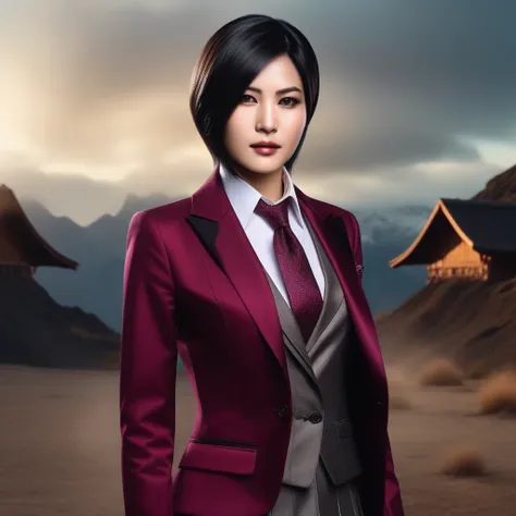 ultra-realistic extremely detailed real life 8k masterpiece of a gorgeous asian woman re ada wong wearing (((skirt suit))), (((t...