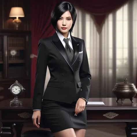 ultra-realistic extremely detailed real life 8k masterpiece of a gorgeous asian woman re ada wong wearing (((skirt suit))), (((t...