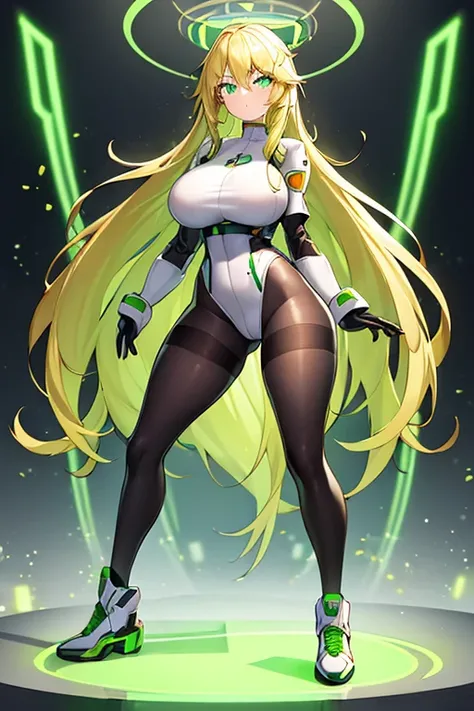 1girl, green eyes, blonde hair, long hair, large breasts, hourglass figure, bodysuit, white bodysuit, neon, neon trim, machinery, tech, science-fiction, futuristic, serious, standing, full body, ((full body)),, pantyhose, black pantyhose, wavy hair, fighti...