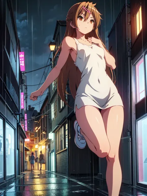 Girl, short tight dress , Bare breasts, chest visible, street  background, Narrow passage between houses, night, rain, slim body, In full growth, Sneakers, small breast