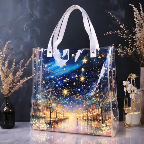 (masterpiece, best quality:1.2)，transparent tote bag。transparent plastic bag。glowing stars。oil painting style。