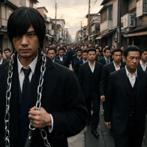 close up picture, Yakuza with tied dreadlocks, tattoo on the left side of his neck, wearing a blue beach t-shirt, holding a katana, leading dozens of his men to prepare for battle, they walk through a narrow street on the edge of the city, you can see lots...