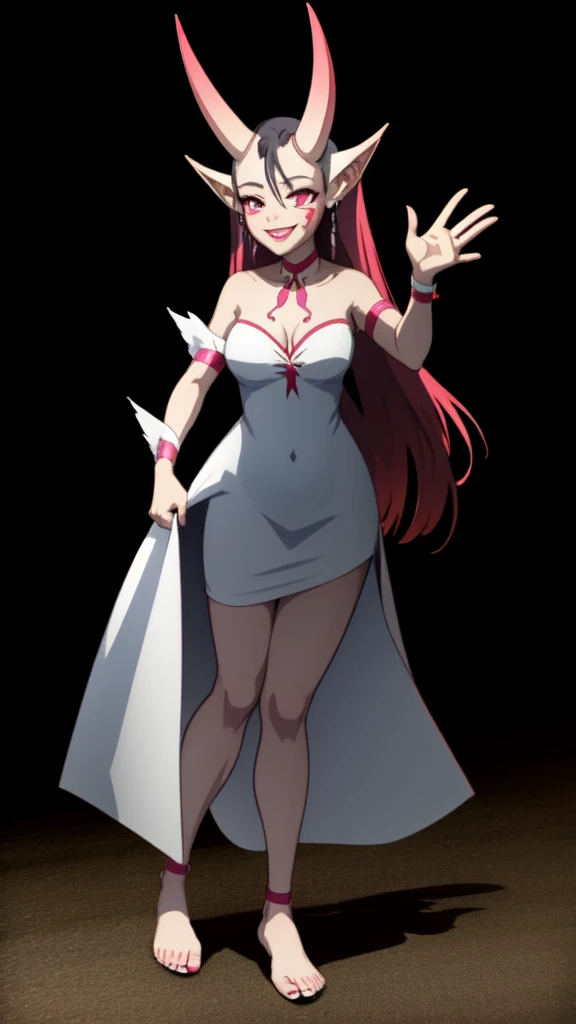 herzhax, oni horns, pink sclera, slit pupils, anime, solo girl,(( ballroom)), standing, long)) white mermaid-shaped wedding dress, barefoot, smiling