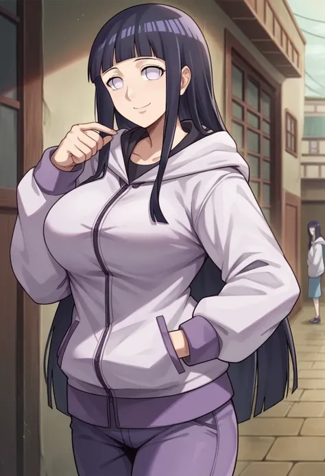 score_9, score_8_up, score_7_up, source_anime BREAK, (hinata, hyuuga hinata, purple eyes, blunt bangs, black hair, white eyes, no pupils, large breasts, purple and white hooded jacket, fishnets, blue pants, standing, smile, looking at viewer