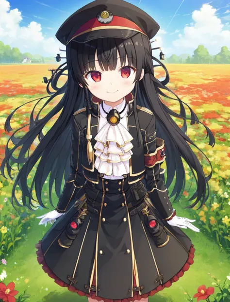 black hair,red eyes,bangs,long hair,
8620 \(uniform\),hunting,white gloves,black jacket,black skirt,black hat,white ascot,armban...