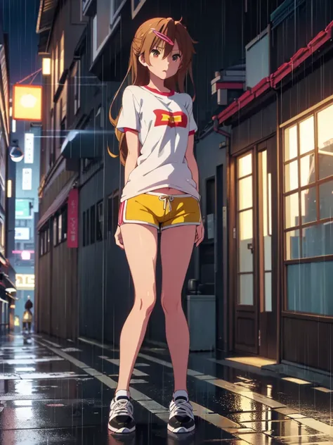 Girl, short tight shorts,t-shirt, Bare breasts, chest visible, street  background, Narrow passage between houses, night, rain, slim body, In full growth, Sneakers , small breast