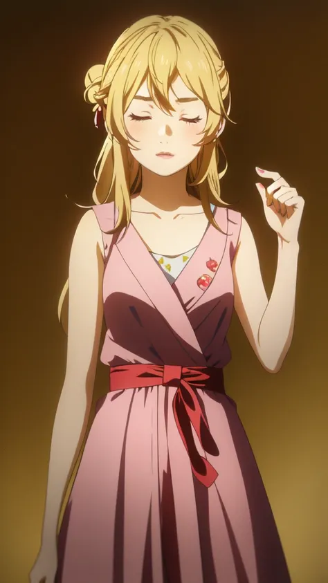 Kaori miyazono, Eft_goblin_kaori, with blonde hair styled in a low bun adorned with a decorative gold accessory is shown with eyes closed. They have dramatic makeup including bold eyebrows, winged eyeliner, glittering eyeshadow, and bright red lipstick. Th...