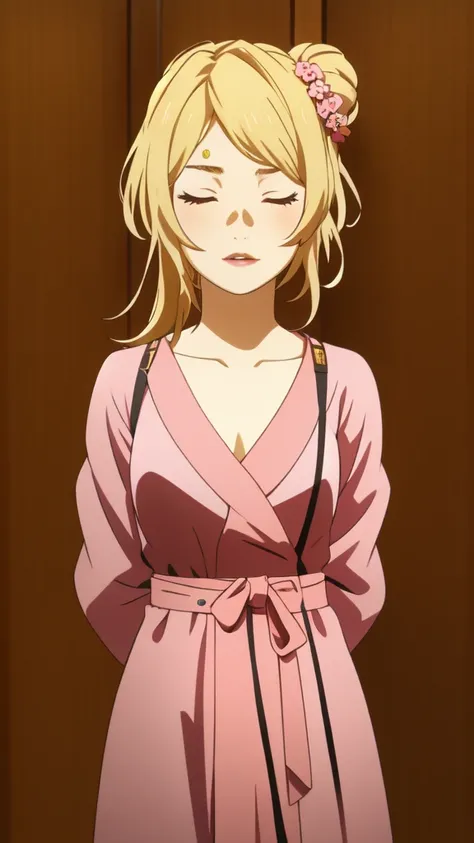 Kaori miyazono, Eft_goblin_kaori, with blonde hair styled in a low bun adorned with a decorative gold accessory is shown with eyes closed. They have dramatic makeup including bold eyebrows, winged eyeliner, glittering eyeshadow, and bright red lipstick. Th...