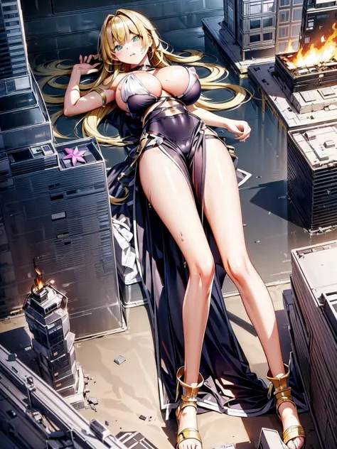 Giantess, long sexy legs, yellow hair, bikini, lying on the ground, city at her feet burns in flames for the destruction she has caused, tiny people climb on her body to try to defeat her uselessly. Giantess, goddess, macrophilia, curvaceous body, hentai, ...