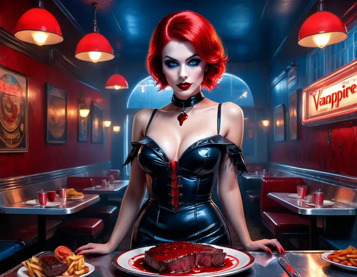 a 3d digital painting picture of extremely (beautiful female vanpire:1.3) serving a big juicy raw steak on a tray, dripping bloo...