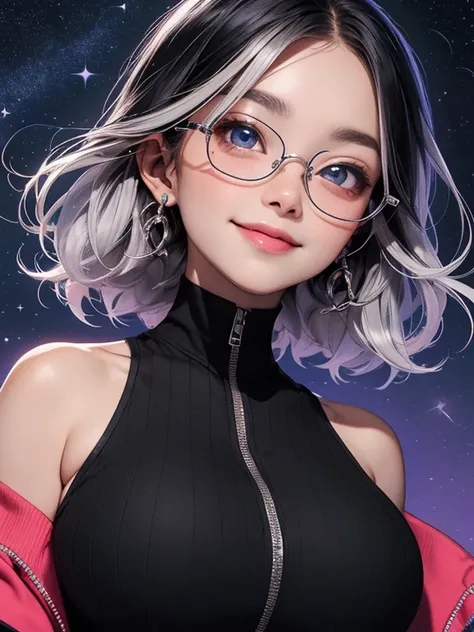 quality,Highest Resolution,sexy,Looking up at the starry sky,Glasses,Vibrant colors,Very beautiful eyes,Big Breasts,Black Hair,Silver Hair,universe,no gravity,Smile