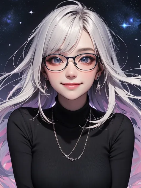 quality,Highest Resolution,sexy,Looking up at the starry sky,Glasses,Vibrant colors,Very beautiful eyes,Big Breasts,Black Hair,Silver Hair,universe,no gravity,Smile