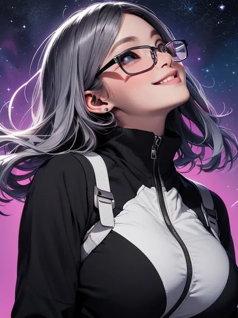 quality,Highest Resolution,sexy,Looking up at the starry sky,Glasses,Vibrant colors,Very beautiful eyes,Big Breasts,Black Hair,Silver Hair,universe,no gravity,smile