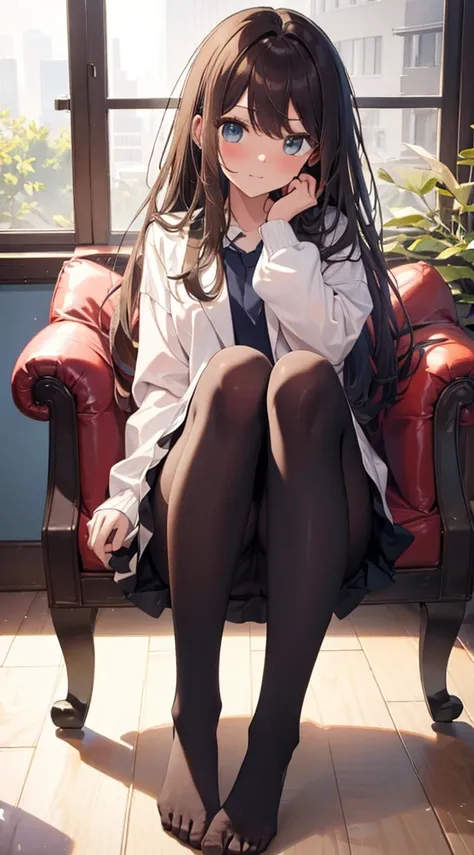 Top quality, masterpiece, High resolution, (Head to toe full body), front, frontやや下からの構図, Symmetric, Tall 18 year old girl, alone, (Head to toe), (Small breasts), Unkempt brown hair, bangs, (black tights), (Black Pantyhose), (Sit with your legs apart), (Cr...