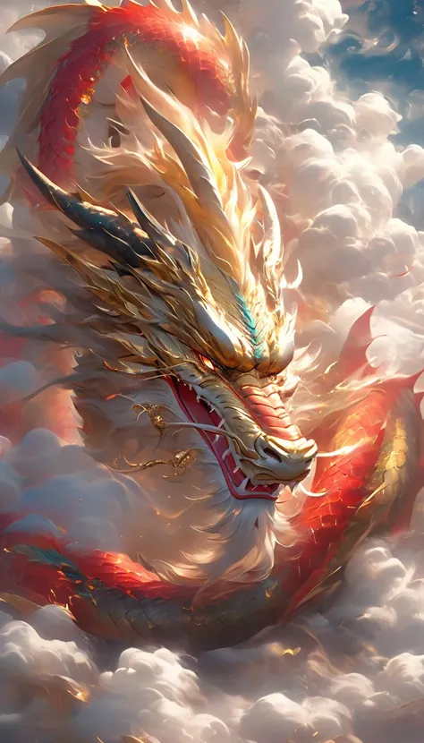 A giant dragon appears from the sea of clouds、The dragon is soaring into the sky、Carrying great happiness、Huge gold and red body、High detail、high resolution、High color rendering、High resolution、Surreal、real