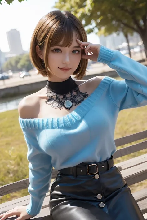 memcho, memcho, (Big Breasts:1.3), Blonde, blue eyes, Blunt bangs, devil horn, fake horn, horn, short hair, Breaking the Bare Shoulders, black skirt, (blue sweater: 1.5), Long sleeve, Off the shoulder, Off the shoulder sweater, Puffy sleeves, skirt, sweate...