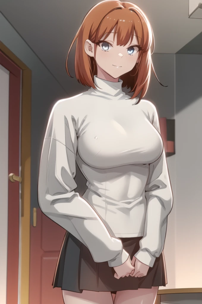 daeundef, orange hair, blue eyes, short hair, looking at viewer,
upper body, standing, arms at sides, turtleneck, long sleeves, black skirt, white shirt, smile, medium breasts, 
masterpiece, best quality,