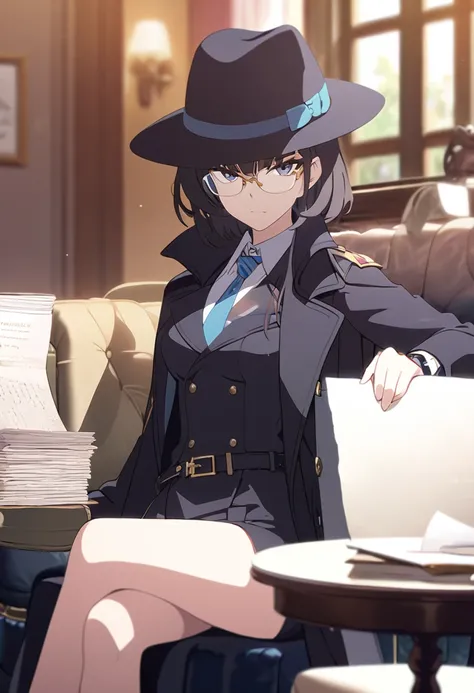 Detective girl, anime, masterpiece, best quality, 1 girl ( black trench coat, suit, skirt, fedora, glasses, cross-legged, sitting on sofa, necktie, right hand hold magnifier:1.2, left hand on sofa), ( table, papers on table ), window, ofice background, bok...