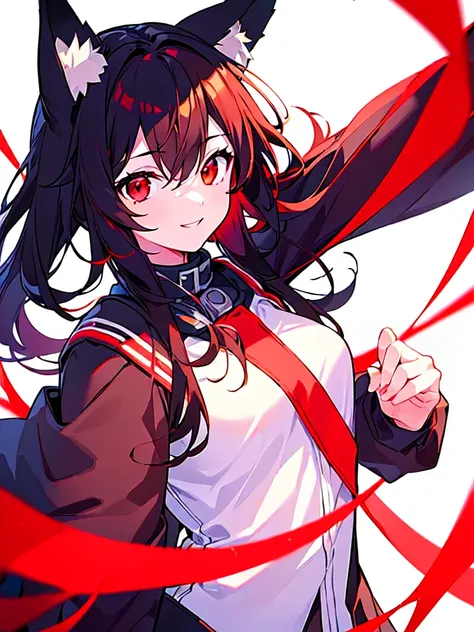 [(WHITE BACKGROUND:1.5),::5], ((((masterpiece)))), high quality, ultra very high resolution, full color, (((solo))), ((girl)), Black hair, (red inner hair), (red eyes), anime, ((upper body)), black parka, Fox ears, Fox red tails, light smile