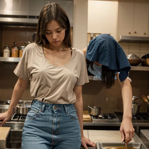 Female supermodel. Pastel brown T-Shirt. Blue jeans. Dim, soft lighting. Sunset. Sunset. Kappabashi Kitchen Tools Street, Tokyo, Japan.