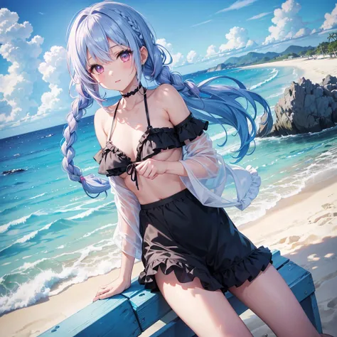 (Sky blue medium hair),(Braided hair tied together)、Pink eyes、Fair skin、(whole body)、(One Girl)、Black frilly swimsuit、Shining white sand beach in midsummer、Okinawa&#39;s ocean、A big smile、、(masterpiece、Highest quality、Very detailed、Best Shadow)、(Detailed B...