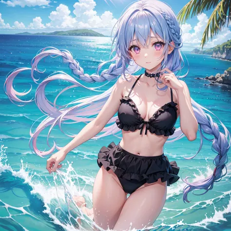 (Sky blue medium hair),(Braided hair tied together)、Pink eyes、Fair skin、(whole body)、(One Girl)、Black frilly swimsuit、Shining white sand beach in midsummer、Okinawa&#39;s ocean、A big smile、、(masterpiece、Highest quality、Very detailed、Best Shadow)、(Detailed B...